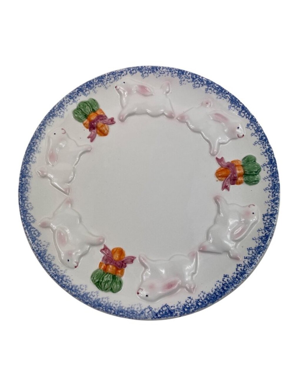 Ceramic Plate With Embossed Bunnies & Carrots Blue Speckled Rim 8.5"